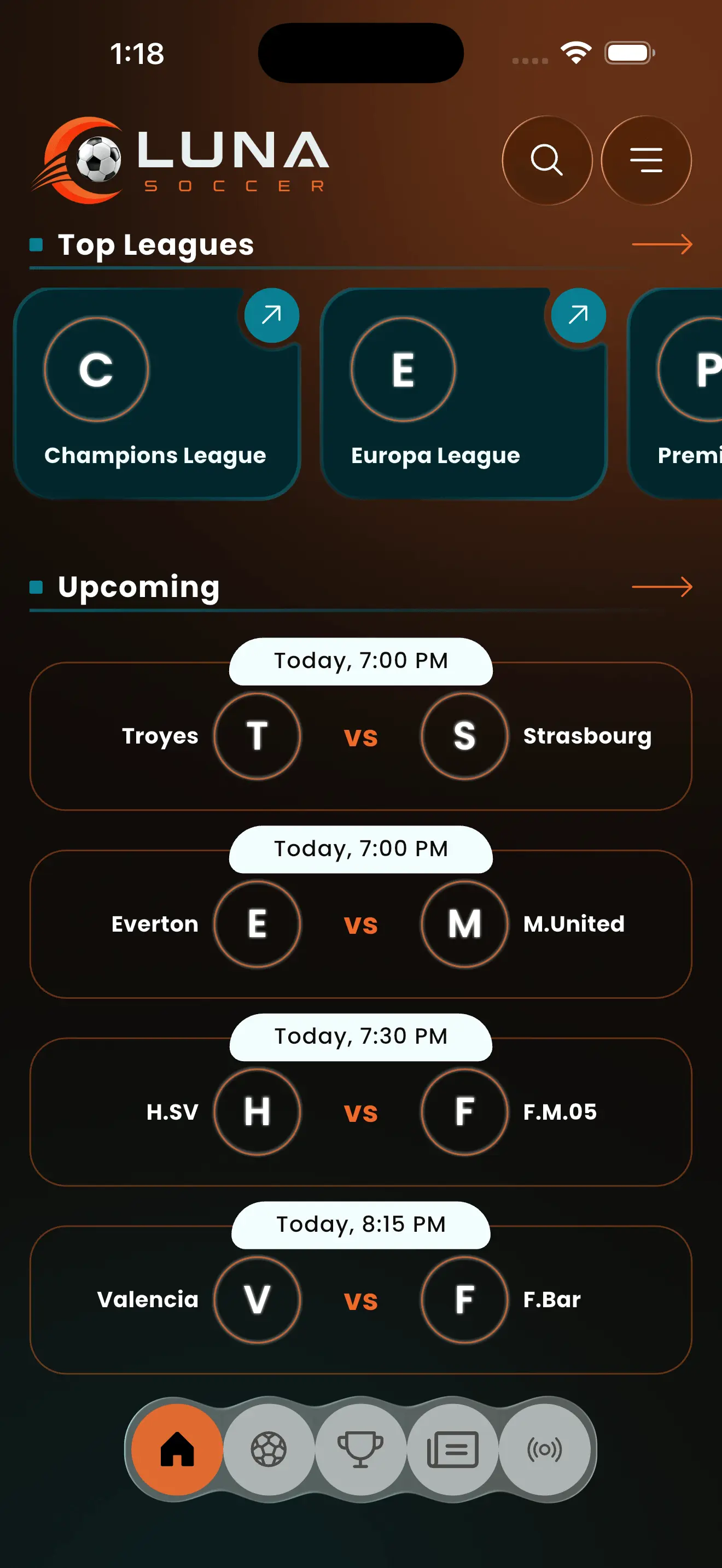 Home — top leagues and upcoming fixtures